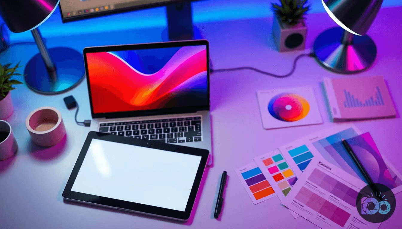 A graphic designer's desk setup displays a laptop, tablet, color swatches, and design references, illuminated by vibrant...