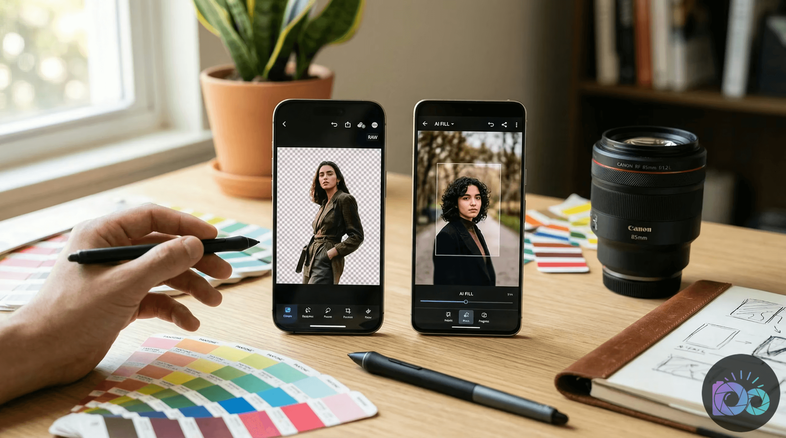 A hand uses a stylus on a smartphone displaying a background-removed image, next to another phone showing an AI-filled