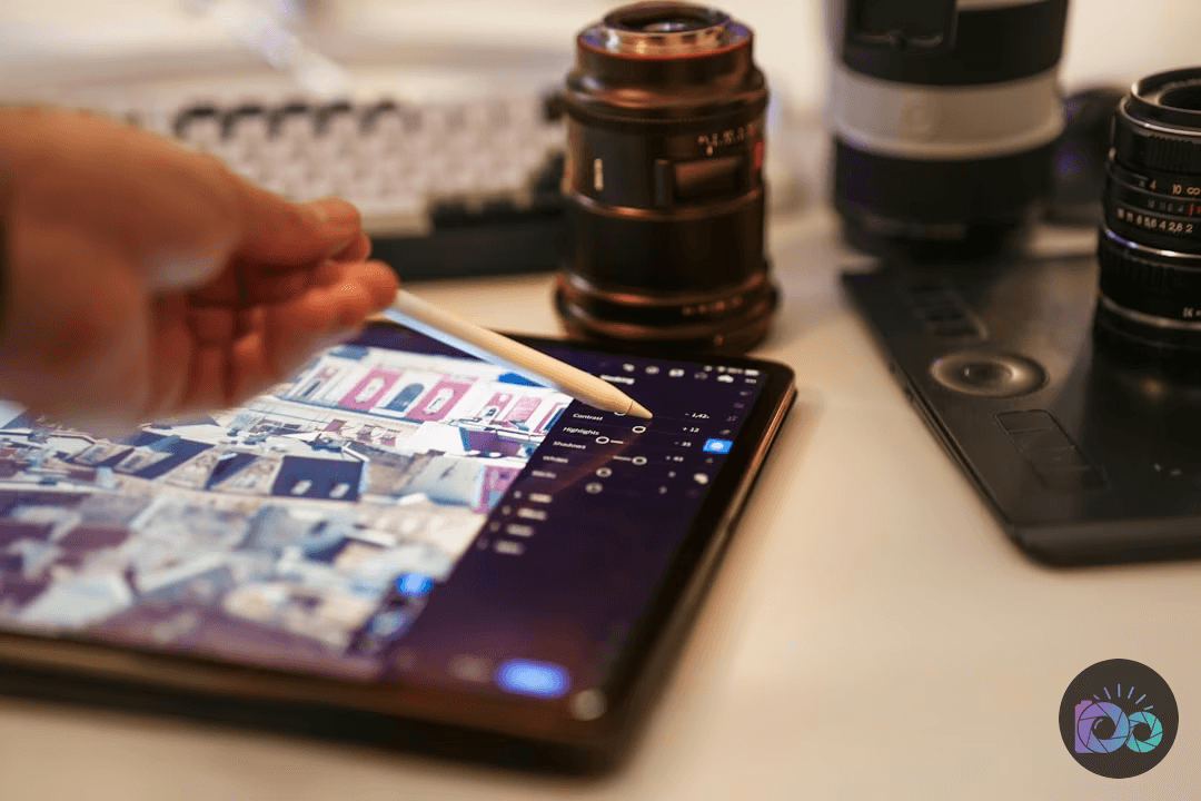 A hand uses an Apple Pencil to edit an image of rooftops on an iPad, showcasing mobile photo editing with camera lenses...
