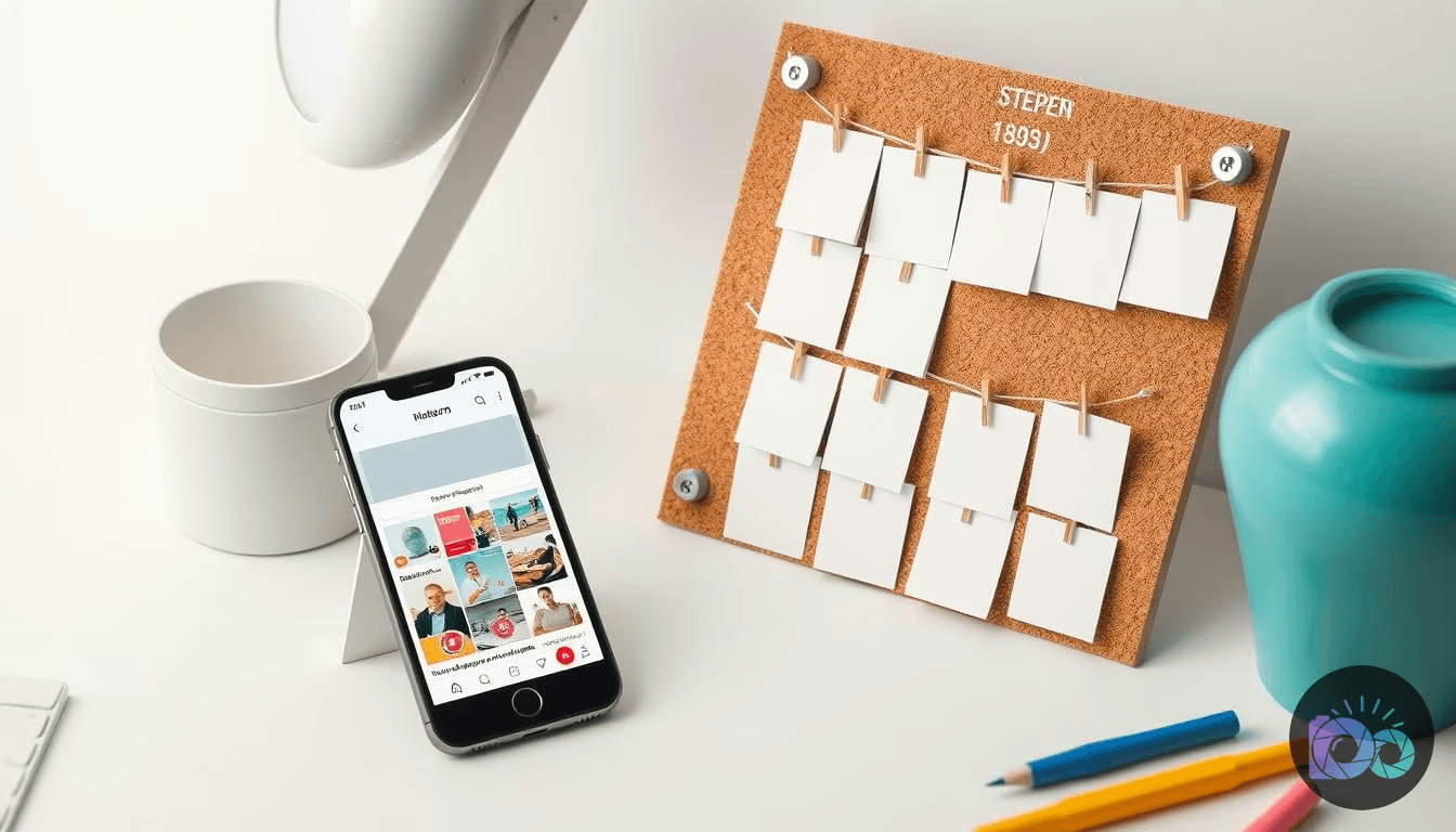 A smartphone displaying a social media feed rests on a white desk next to a cork board with mini blank cards and a teal...