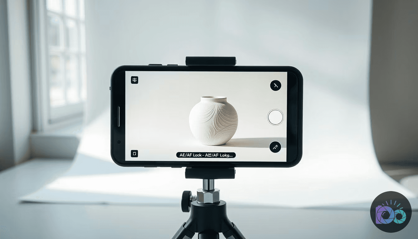 A smartphone on a tripod displays a camera app viewfinder showing a white ceramic vase against a clean white backdrop for...