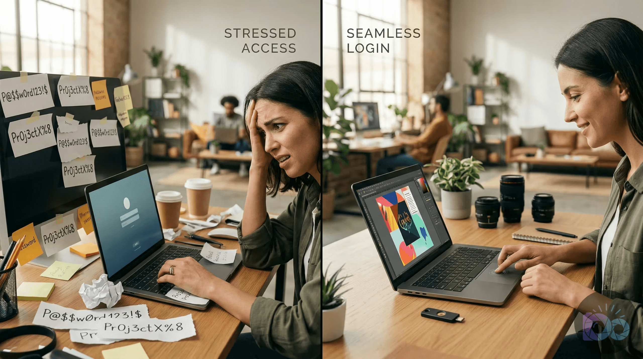 A split image contrasting a stressed woman struggling with multiple password notes to log in, with a calm woman using a