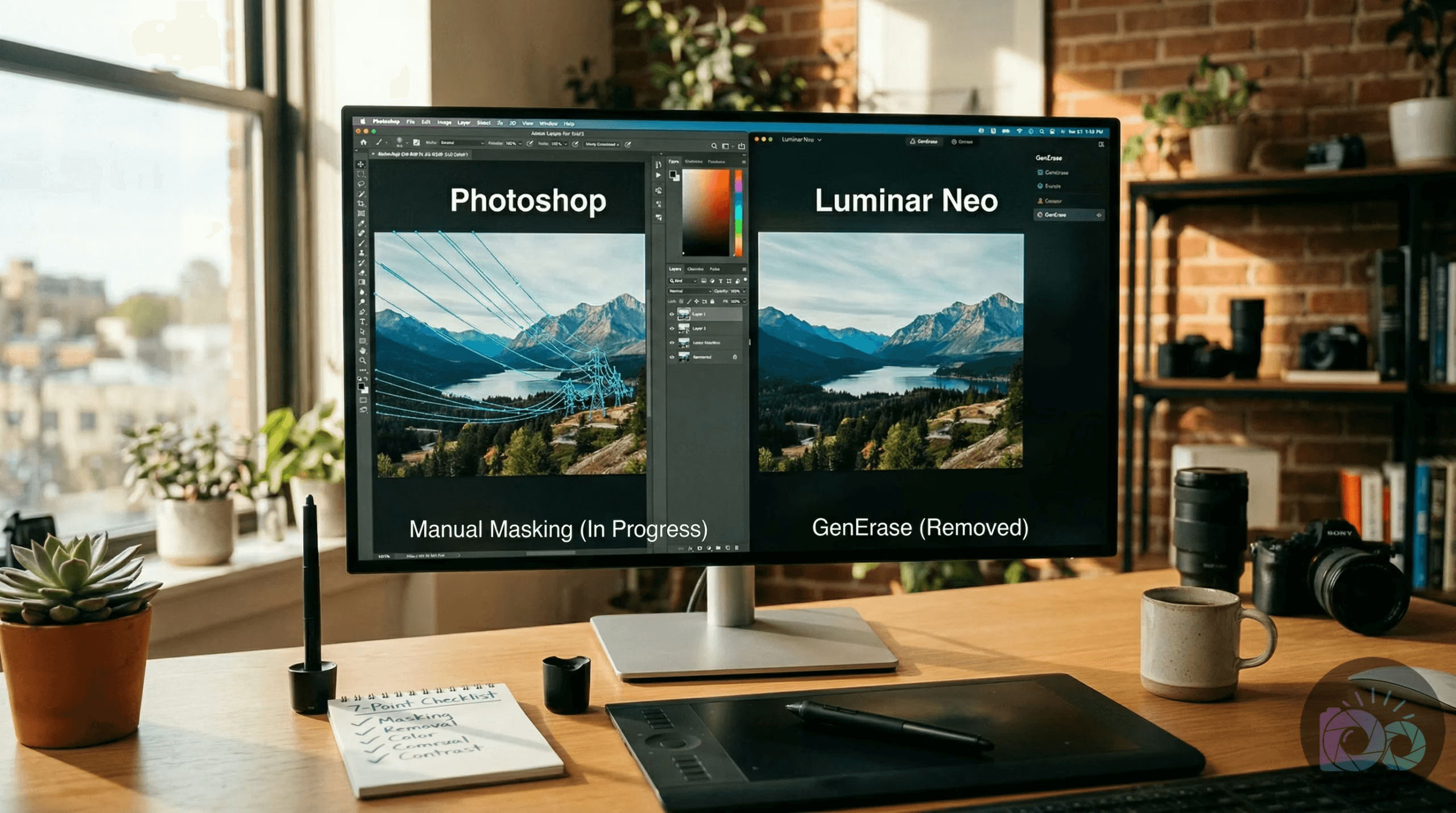 A split-screen monitor comparison shows manual masking in Photoshop vs. AI-powered GenErase object removal in Luminar