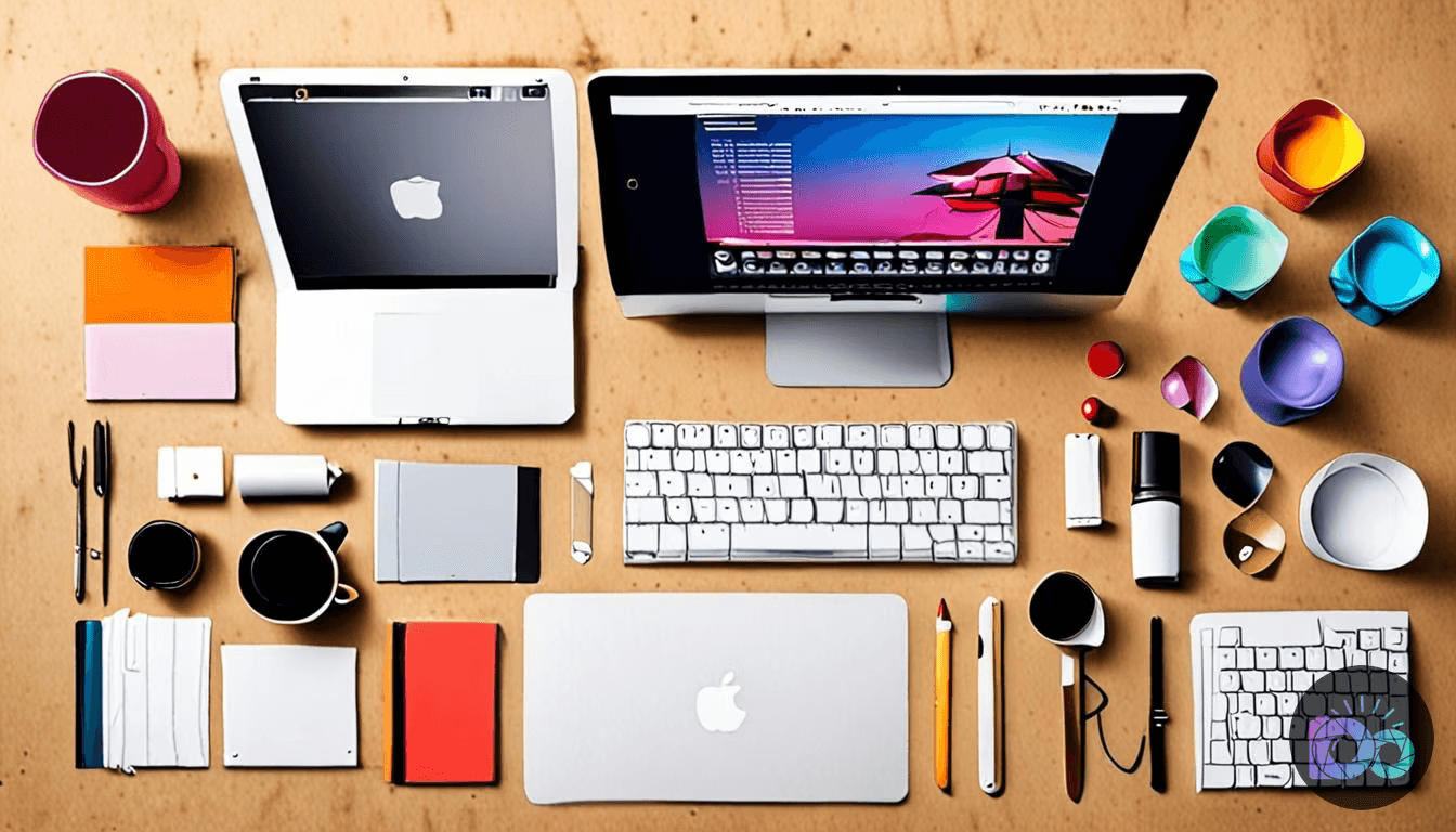 An overhead flat lay displays a collection of Apple laptops, an iMac, keyboards, and colorful desktop accessories neatly...