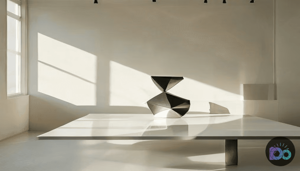 A minimalist workspace with a polished white desk and a geometric metal sculpture