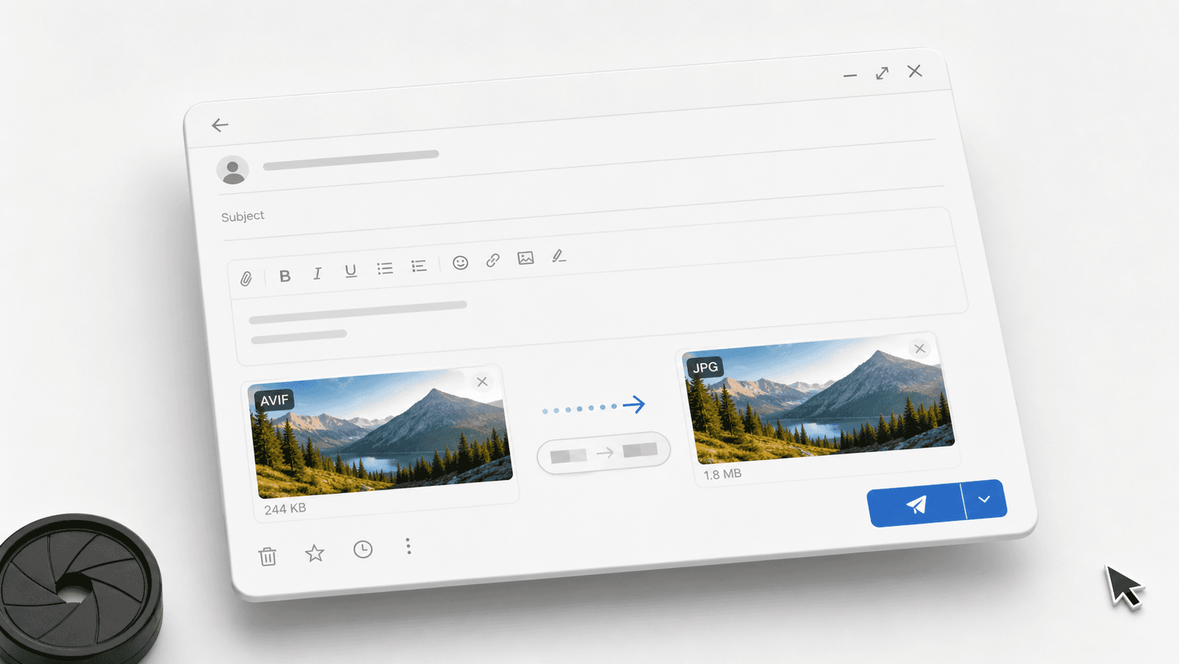 Email mockup with an AVIF thumbnail changing into a JPG attachment and a visible before-after size pill.