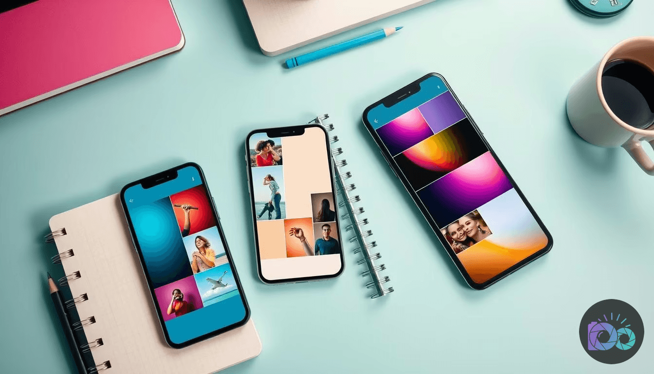 Three smartphones display diverse photo galleries on a light blue desk, surrounded by a pink laptop, spiral notebooks...