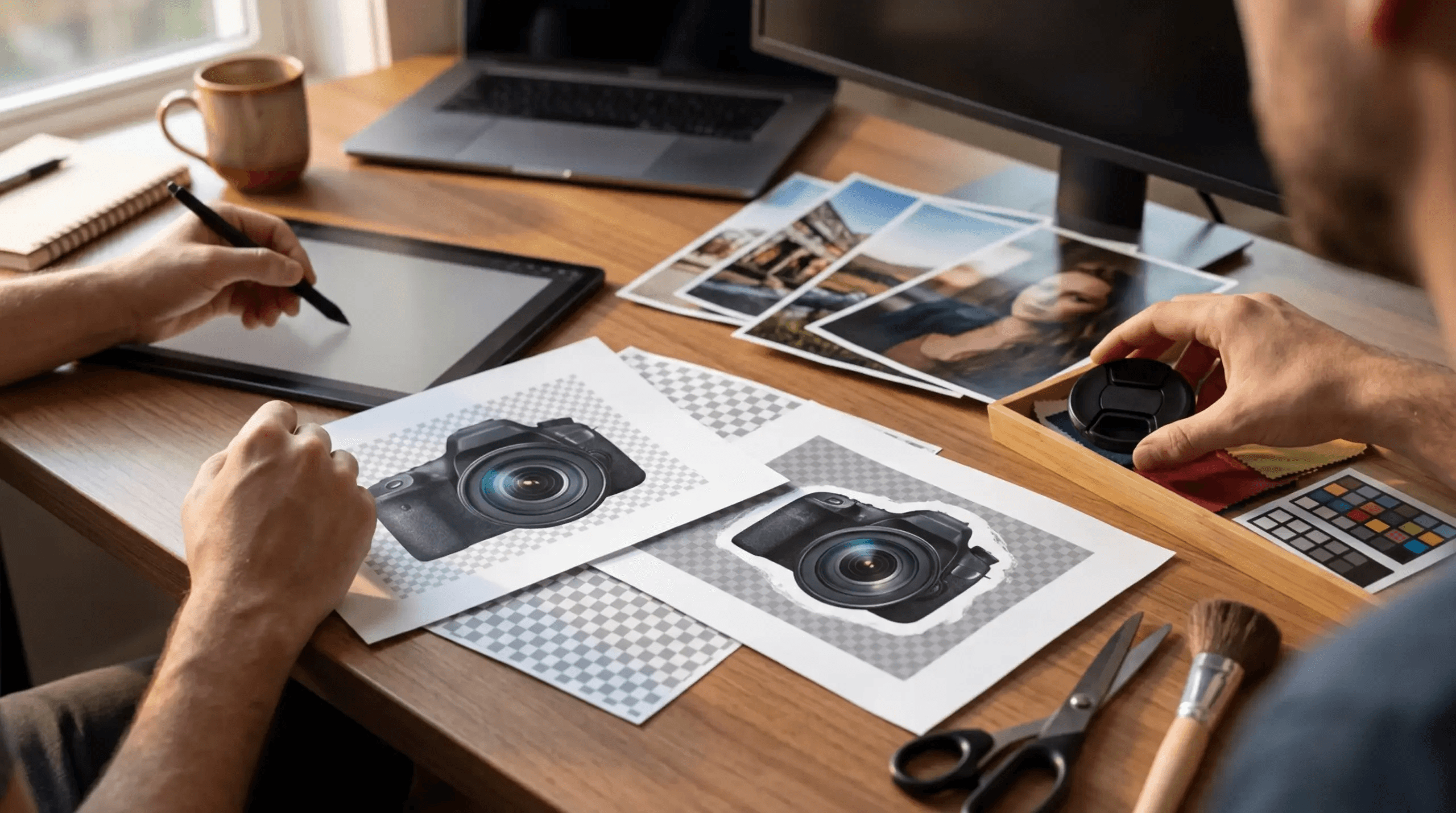 A designer uses a digital tablet and stylus while reviewing printed photos and camera cutouts, alongside photography...